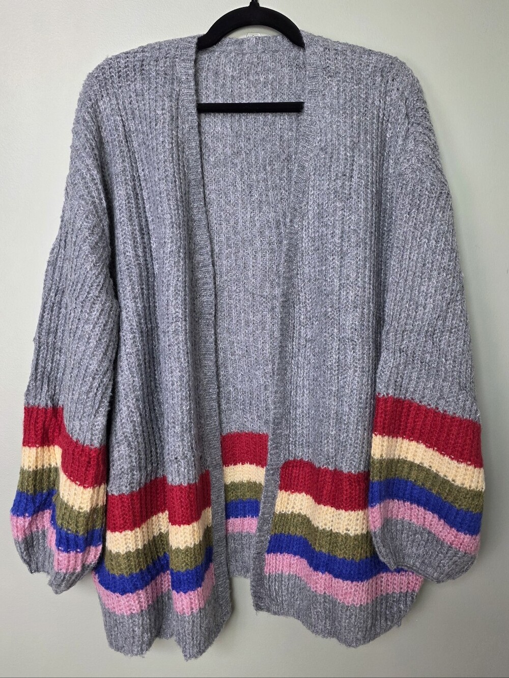 Chunky Knit Oversized Open Cardigan Balloon Sleeve Rainbow Stripe Sweater, L NWT - Picture 4 of 17